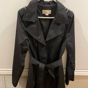 Black Michael Kors mid length belted coat with optional hood